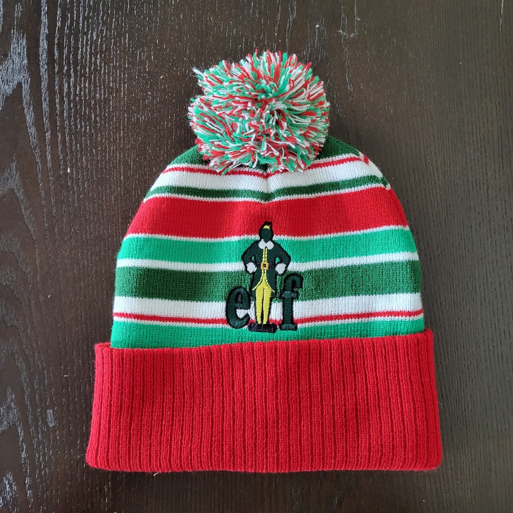 Elf Movie Beanie Striped Hat Embroidered Logo Pom Pom Red Green White One Size